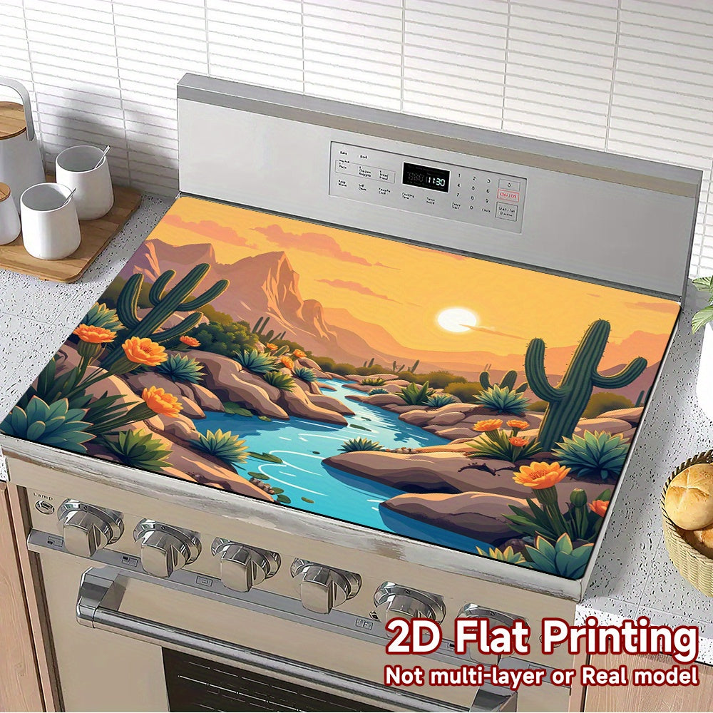 1pc Tapete para Estufa Amanecer en el Desierto - Protector Antideslizante con Diseño de Cactus, Rocas y Arroyo - Resistente al Calor para Cocinas a Gas/Eléctricas, Horno, Refrigerador - Fácil de Limpiar, Decorativo para Encimeras Modernas y Decoración de