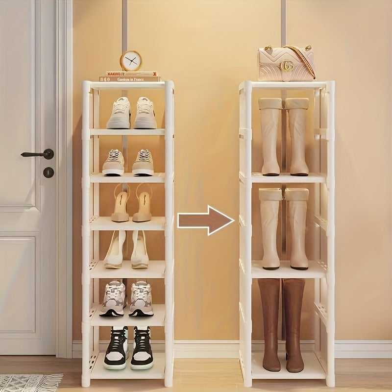 Organizador de zapatos blanco de varios niveles, diseño vertical ahorrador de espacio, compartimientos abiertos, fácil de armar, ideal para entrada, sala, habitación o cocina, estante blanco moderno, barras de soporte metálicas, práctico y funcional