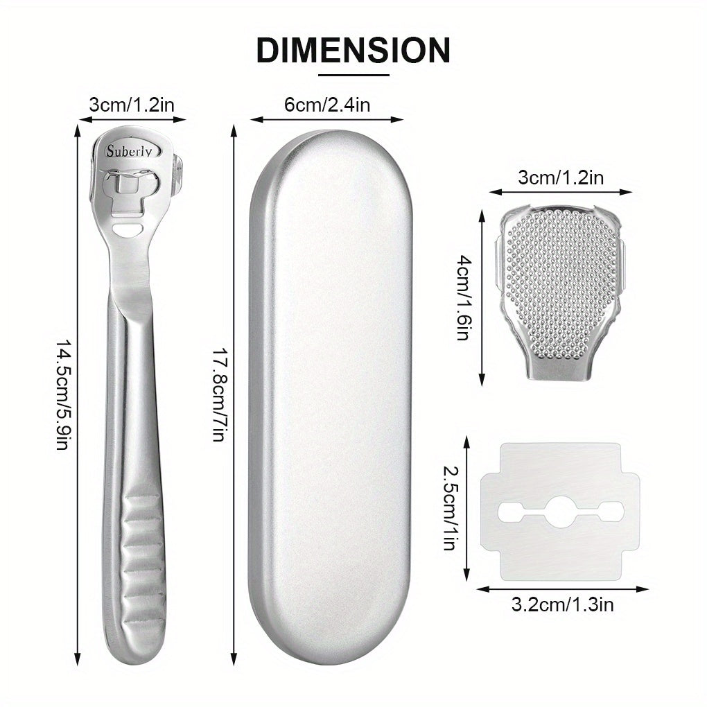 Un kit de afeitado de callos que incluye 20 cuchillas de repuesto, una navaja de callos y una lima para pies para el cuidado de los pies, todo empaquetado en una caja de metal. Es fácil de reemplazar y transportar, con bordes pulidos y mangos para comodi