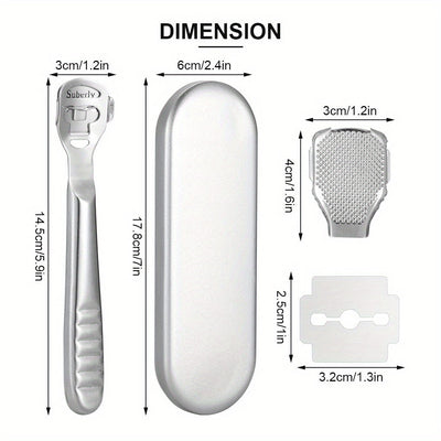 Un kit de afeitado de callos que incluye 20 cuchillas de repuesto, una navaja de callos y una lima para pies para el cuidado de los pies, todo empaquetado en una caja de metal. Es fácil de reemplazar y transportar, con bordes pulidos y mangos para comodi
