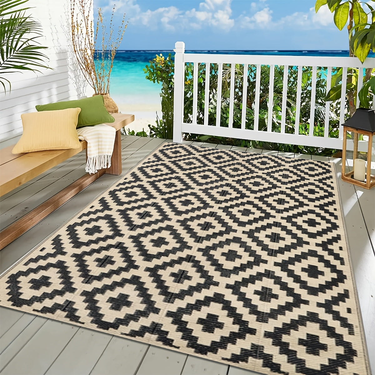 Tapete geométrico duradero de color negro y beige para exteriores - Tapete plegable de plástico para decks, patios, camping, playas y más - Hecho a máquina, ligero y fácil de limpiar, tapete para exteriores | Tapete con patrón geométrico | Tapete de plás