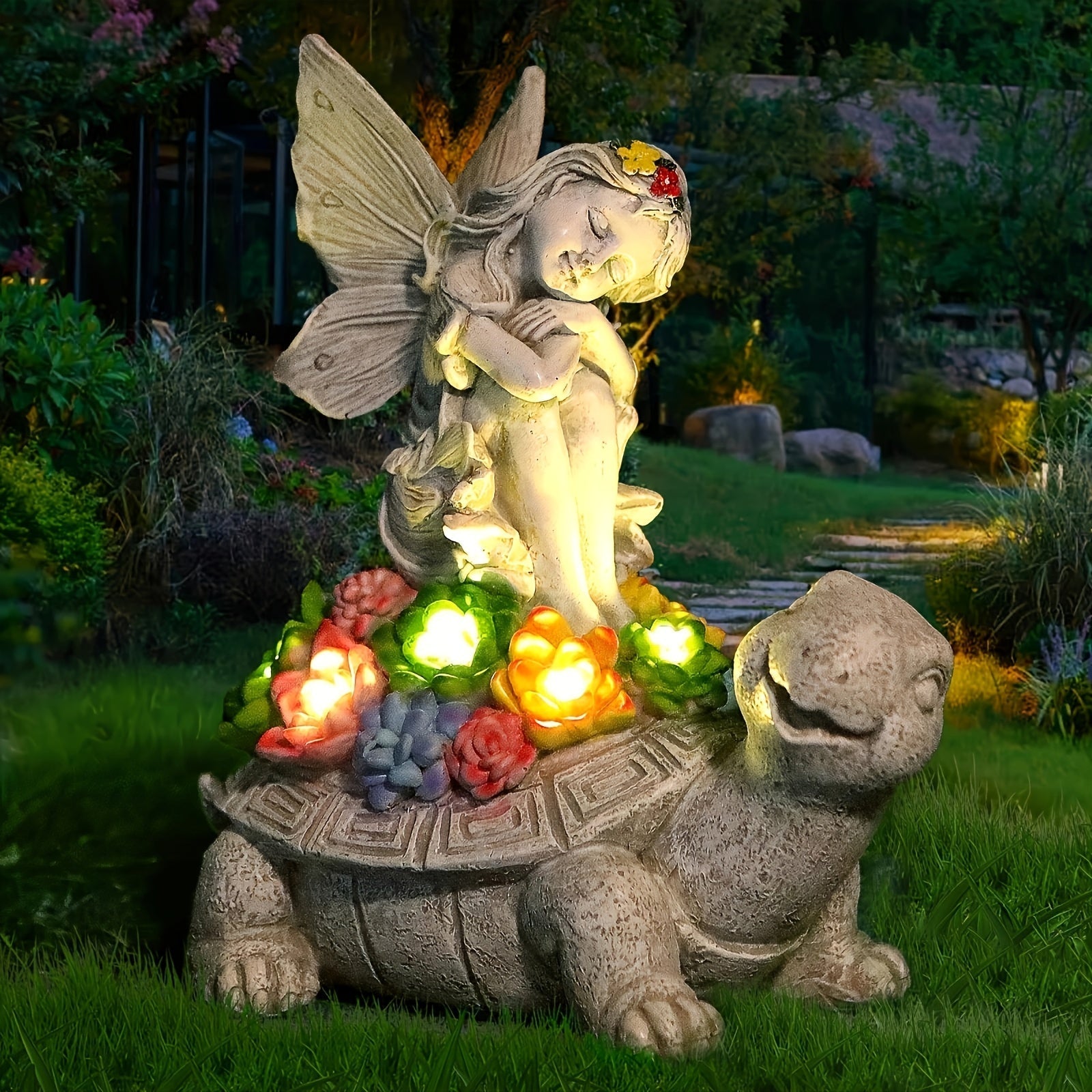1pc Estatua de Jardín LED con Energía Solar - Ángel y Tortuga Decoración Exterior con Flores Coloridas, Diseño Duradero en Resina Resistente al Clima para Patio, Césped - Regalo Perfecto para Fiestas (Navidad, Halloween, Día de San Valentín), Adorno de J