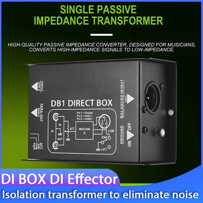 DI1 Caja de Directa Pasiva de Alto Rendimiento Profesional, Conversión de 1/4" a XLR Balanceado/No Balanceado, Eliminación de Ruido, para Interfaz de Audio de Computadora, Negro, Compatible con Computadoras Personales, Cuerpo de Hierro, Sin Fuente de Ali