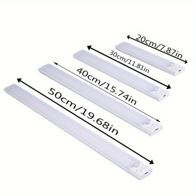 Luz de gabinete LED regulable con cambio de color, control de botón de pulsar y sensor de movimiento - Acabado de metal mate, batería de litio recargable, cable USB, cinta adhesiva de montaje incluida, sin accesorios - 20/30/40/50cm