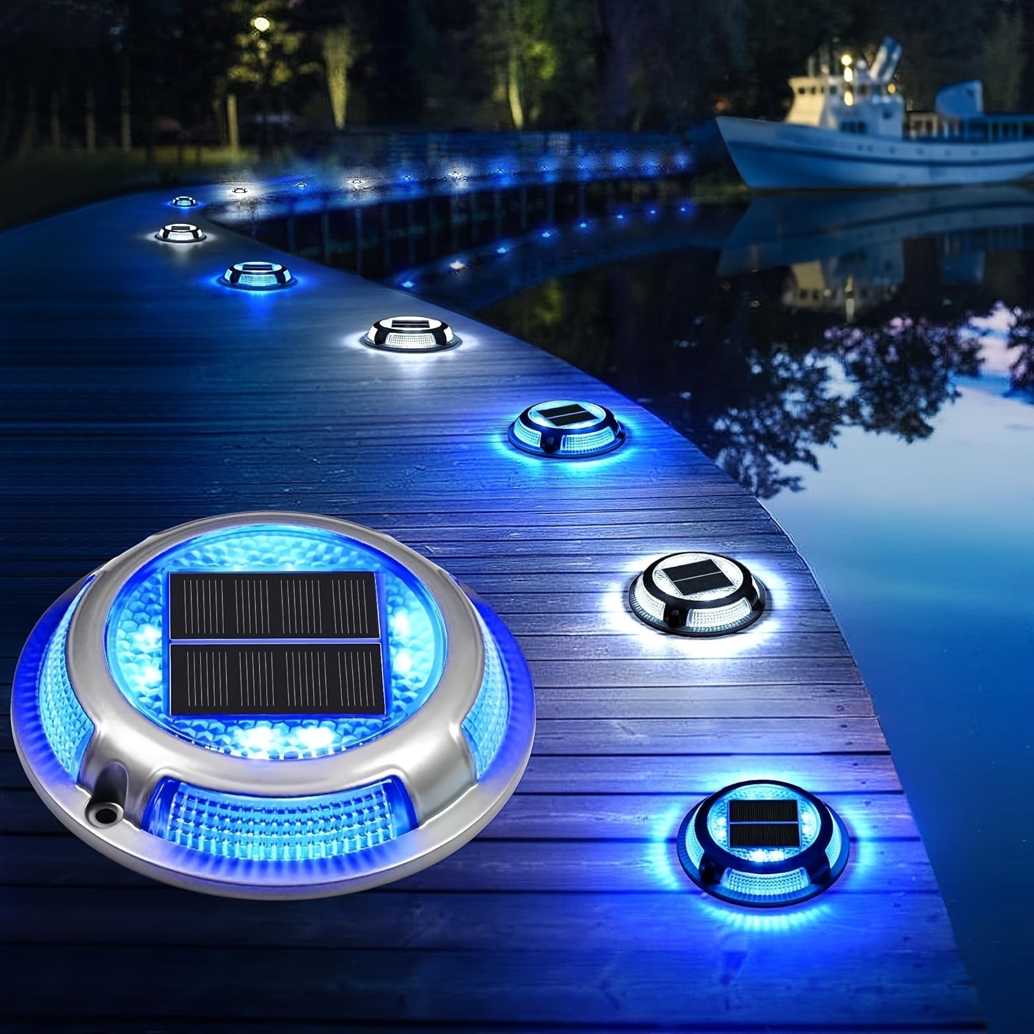 2/4/8/12pcs Luces Solares para Exteriores, IP68 Impermeables - Cargado por Panel Solar, Encendido/Apagado Automático, para Jardín, Patio, Pasillo, Muelle (Azul y Blanco Frío, Construcción Metálica)
