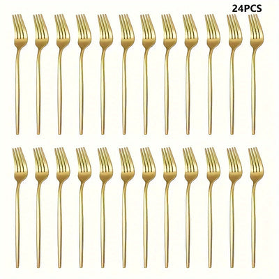 Juego de 24 piezas de tenedor de acero inoxidable con acabado pulido, disponible en colores dorado y plateado - Accesorios de cocina y comedor