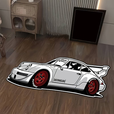 Alfombra de auto de carreras Porsche, 1000G/6mm de grosor, antideslizante y resistente al desgaste, diseño en blanco y negro, ideal para decoración de dormitorio, sala de estar, acento deportivo en la habitación, alfombra duradera