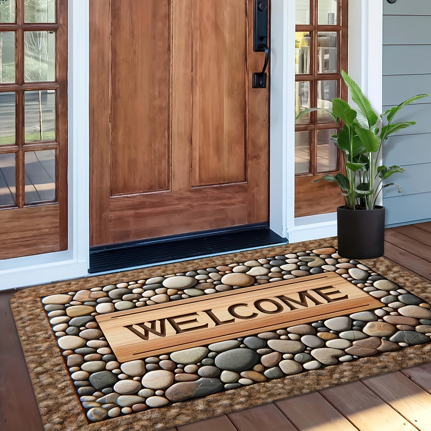 Tapete de bienvenida con diseño de piedra – Antideslizante, lavable, decoración rústica para entrada de casa, material de poliéster, fácil de limpiar, tapete para puerta principal