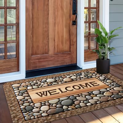 Tapete de bienvenida con diseño de piedra – Antideslizante, lavable, decoración rústica para entrada de casa, material de poliéster, fácil de limpiar, tapete para puerta principal