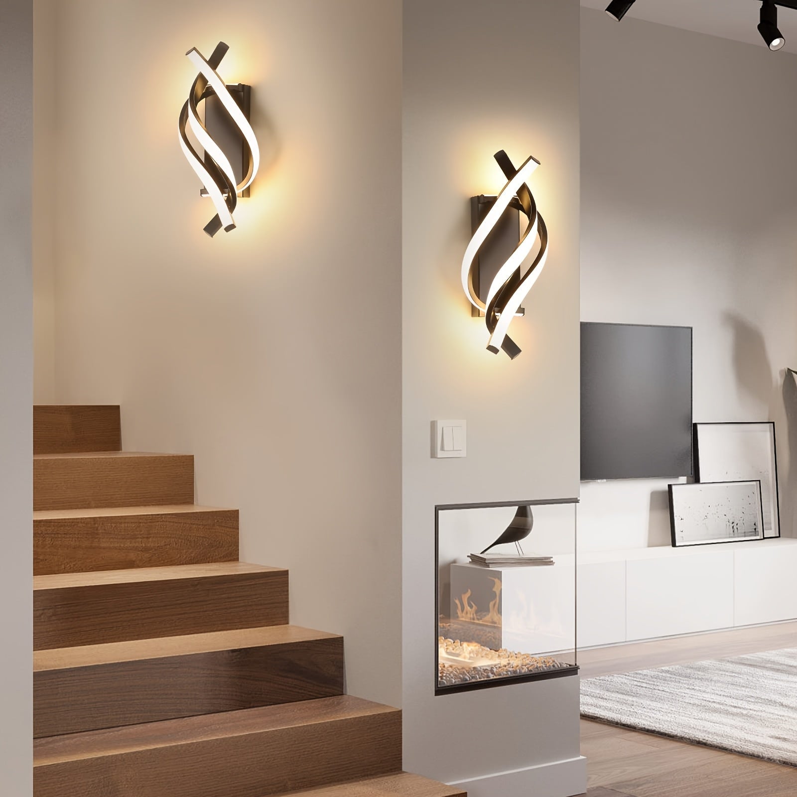 Aplicación de Pared LED Espiral Moderna - Regulable, Iluminación de 3 Colores, Diseño Curvo, Lámpara Acrílica Interior para Dormitorio, Sala de Estar y Pasillo, Acabado Metálico Pulido, Blanco