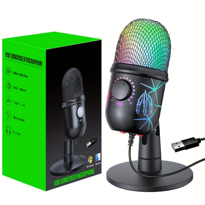 Micrófono de condensador USB universal para computadora, con base, iluminación RGB, reducción de ruido, chip avanzado, plug and play, ideal para juegos, canto, transmisiones en vivo, videoconferencias y podcasting
