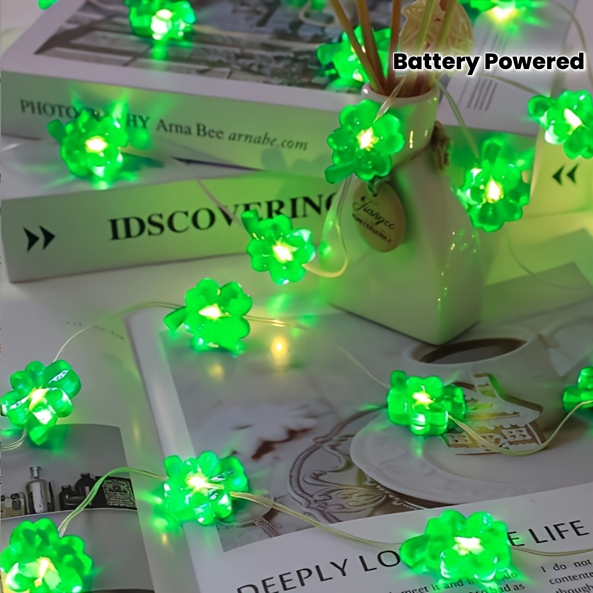 1 juego de luces LED verdes en forma de trébol de cuatro hojas para el Día de San Patricio, adecuadas para carnaval irlandés, fiestas, dormitorio, Día de la Madre, días festivos, decoración interior con cuerdas luminosas, alimentado por caja de baterías,