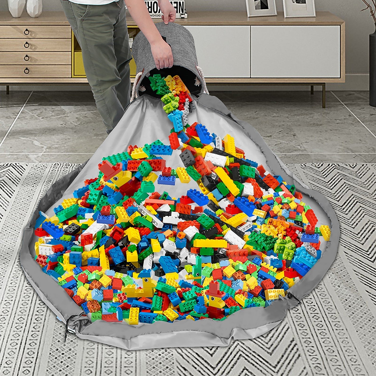 1pc Organizador Grande de Almacenamiento de Juguetes 20.82 L con Tapete Lavable Extraíble - Cesta Plegable de Tela Oxford 300D Duradera para Bloques de Construcción, Organización de Sala de Juegos - Gris/Azul