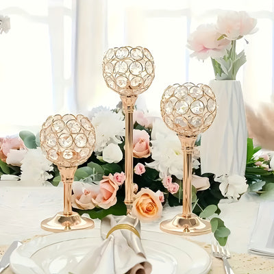 3 piezas de soportes de velas de cristal dorado elegante con acentos de cuarzo rosa - Perfectos para bodas, San Valentín, Navidad y fiestas (velas no incluidas), soportes de velas para mesa