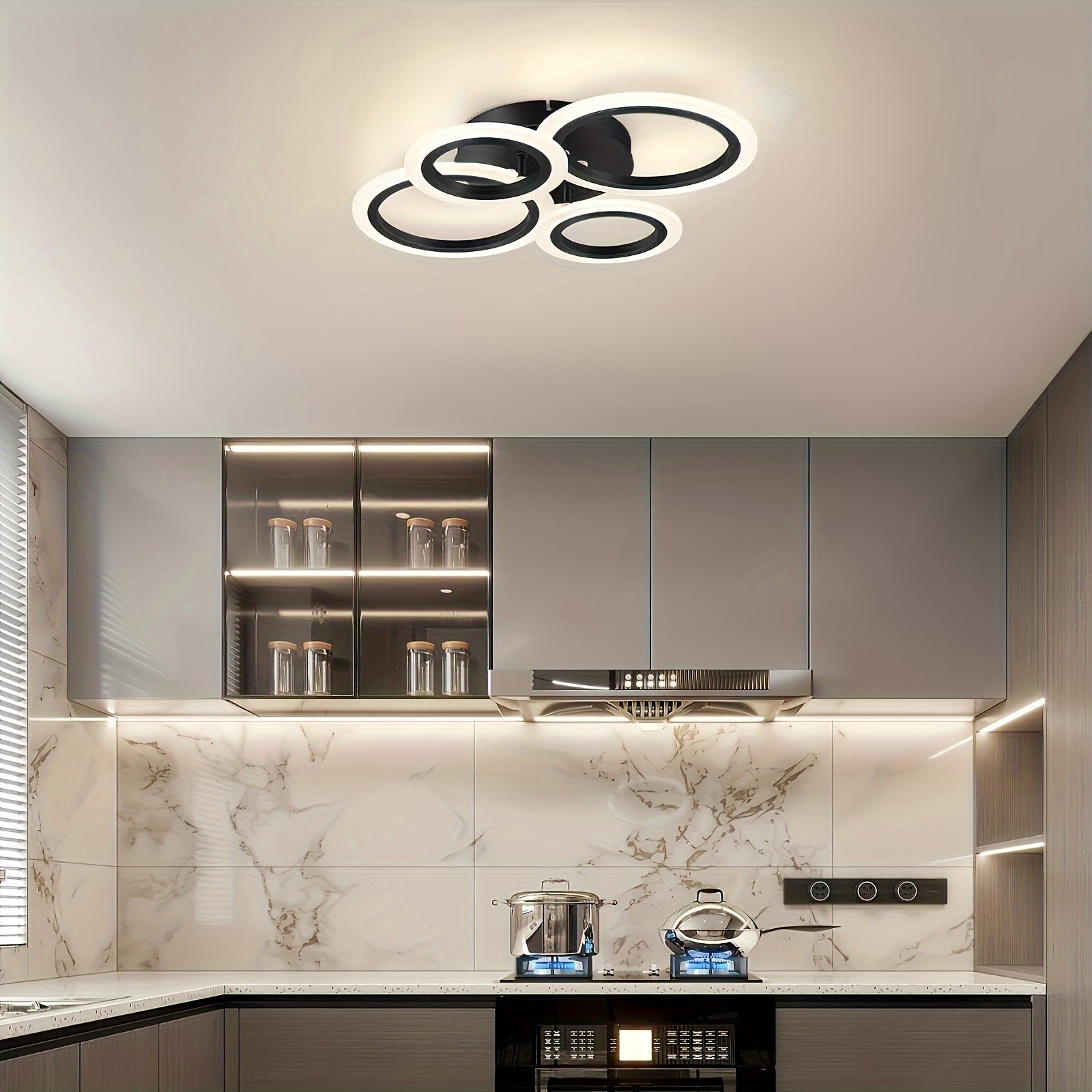 1 pza. lámpara de techo moderna con 4 anillos LED, luz cálida, acabado metálico, brazos ajustables, ideal para cocina, dormitorio, sala, lavandería, incluye hardware de instalación, solución de iluminación moderna, lámpara de techo elegante, luz con braz