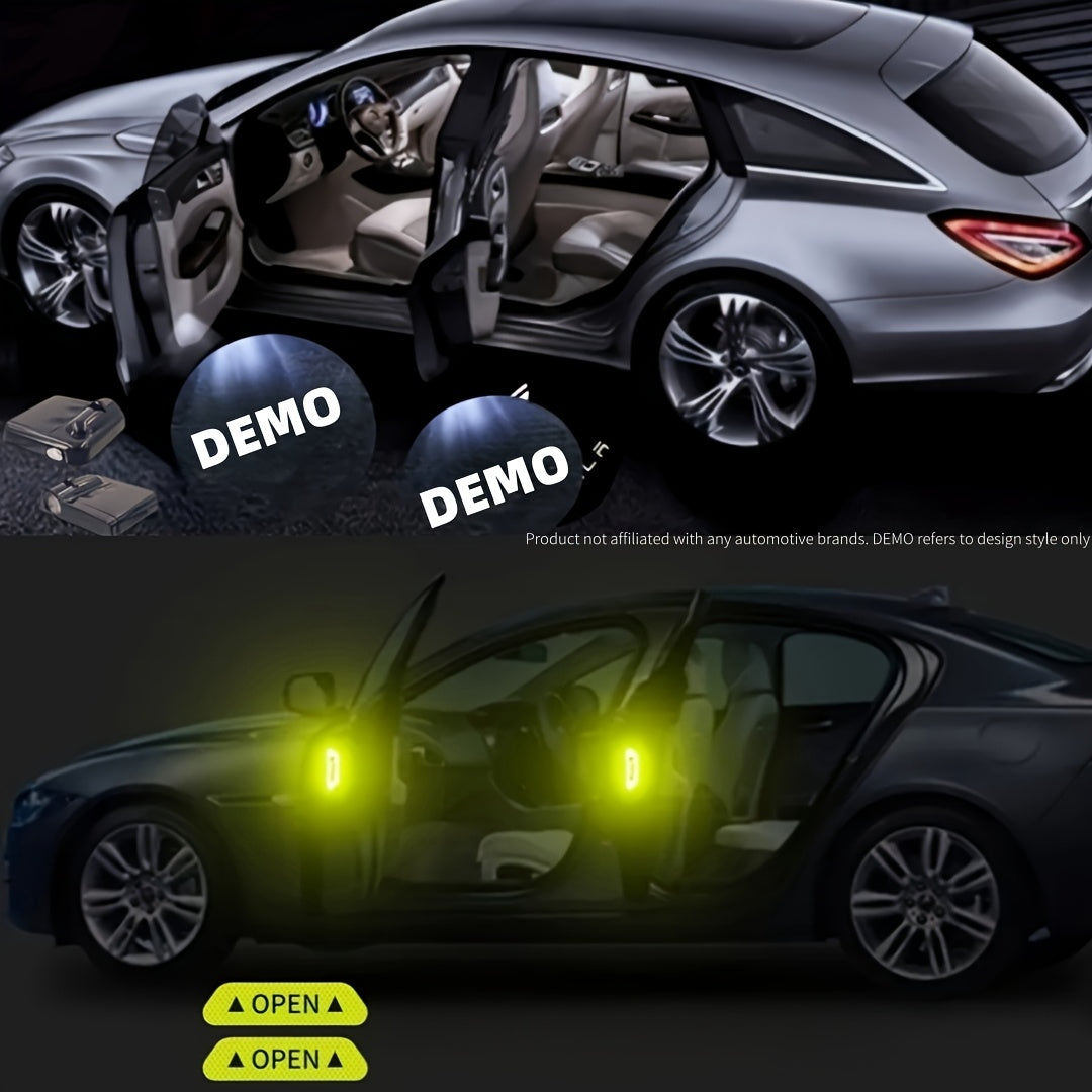 Conjunto de 4 Luces de Bienvenida para Puertas de Coche con Proyección de Logotipo al Estilo OEM, Proyector de Logotipos Universal Inspirado en el Equipo Original y 4 Pegatinas Reflectantes para Coches, Instalación Fácil - Compatibilidad Universal con la