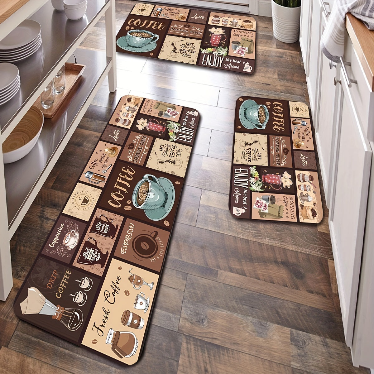Alfombra de cocina con temática de café vintage – Cómoda alfombra de poliéster con diseños de taza y granos de café, ideal para entrada, dormitorio, sala y lavandería