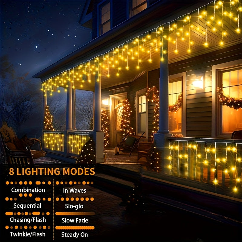 Una cadena de luces solares LED con 8 modos, perfecta para decorar durante Navidad, Halloween y Acción de Gracias. Adecuada para dormitorios, patios, jardines, pabellones al aire libre, porches, ventanas, áreas de comedor, tiendas de campaña, librerías,