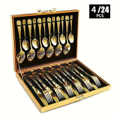 Juego de cubiertos de acero inoxidable de 4/24 piezas con caja de madera, de alta calidad, pulido al espejo, apto para lavavajillas, adecuado para restaurantes, cocinas y camping.