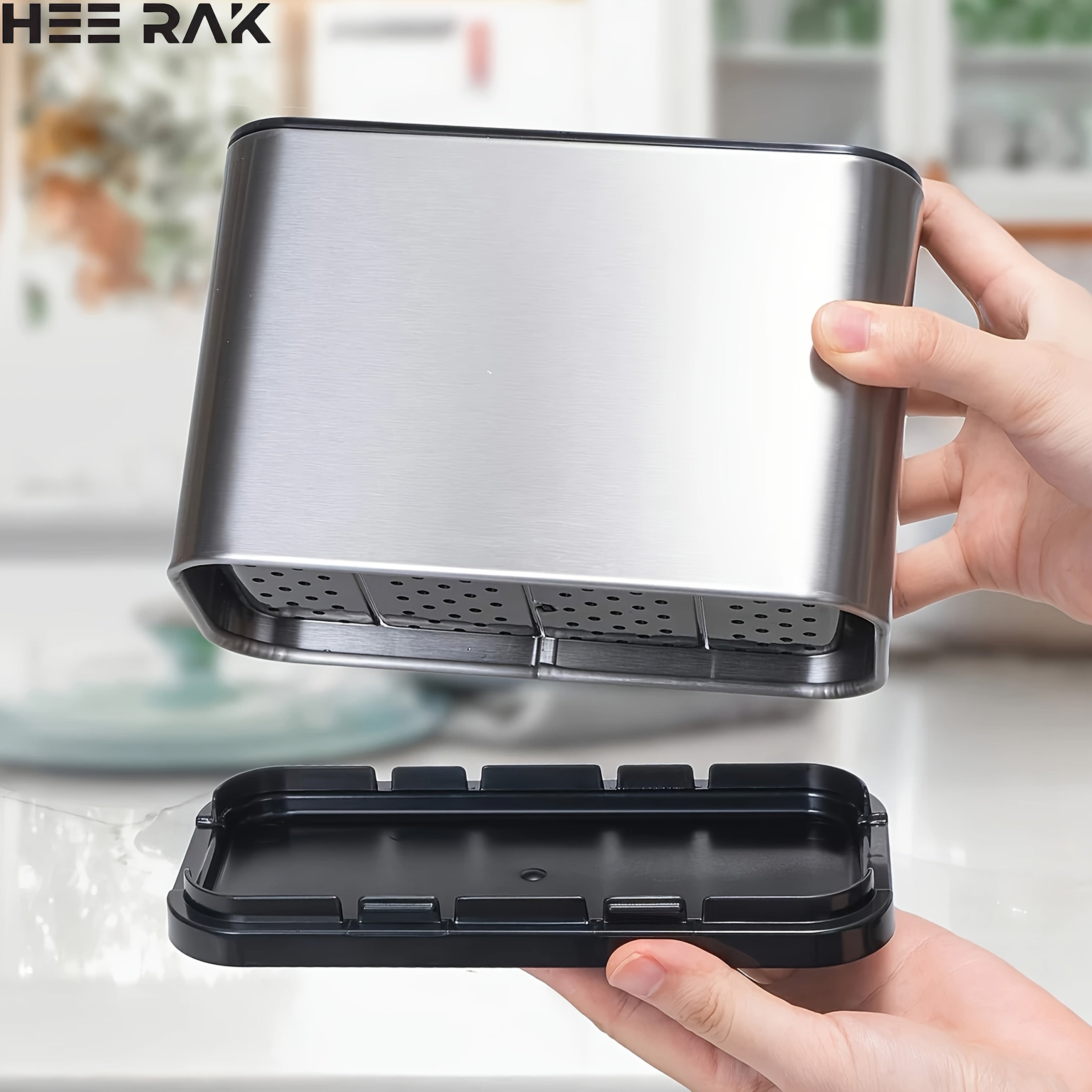 Un organizador de cubiertos de plata, un soporte de utensilios de cocina de encimera, un soporte de bolas de acero inoxidable, con un diseño de 4 compartimentos para organizar utensilios, cucharas y tenedores.