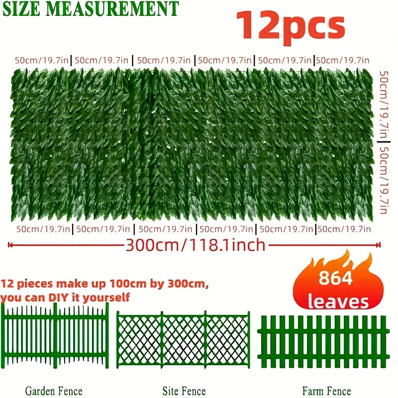 12 paneles de hiedra artificial, DIY, 600 cm x 50 cm o 300 cm x 100 cm, cerca de privacidad resistente a los rayos UV, pantalla verde de plástico duradero, ideal para uso en interiores/exteriores, decoración de pared impermeable fácil de colgar, perfecta