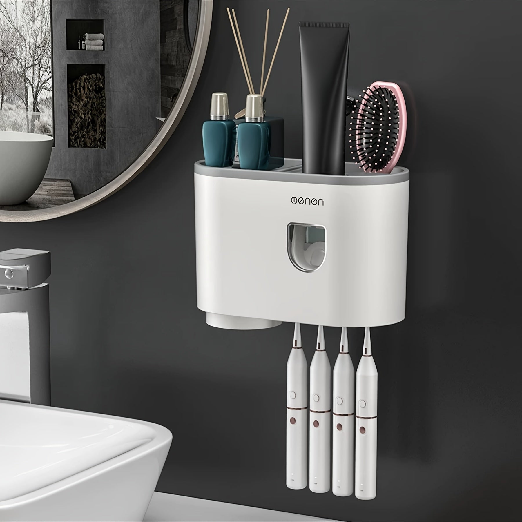 Juego de portacepillos de pared fácil de instalar con dispensadores automáticos de pasta dental, tazas magnéticas y ganchos - No requiere perforación