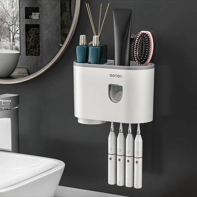 Juego de portacepillos de pared fácil de instalar con dispensadores automáticos de pasta dental, tazas magnéticas y ganchos - No requiere perforación
