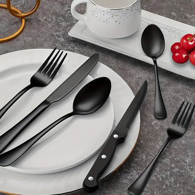 Juego de 24 piezas de cuchillería occidental de alta calidad de acero inoxidable, con cuchillo, tenedor y cuchara. Cuchillo de cuchillo de carne, cuchillo de bistec, cubertería negra. Cubertería de plata de acero inoxidable, cuchillo de postre, tenedor y