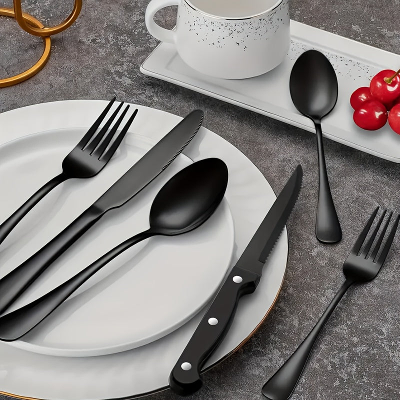 Juego de 24 piezas de cuchillería occidental de alta calidad de acero inoxidable, con cuchillo, tenedor y cuchara. Cuchillo de cuchillo de carne, cuchillo de bistec, cubertería negra. Cubertería de plata de acero inoxidable, cuchillo de postre, tenedor y