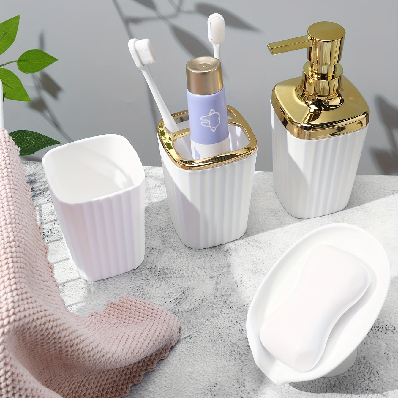 4 Piezas, Soporte Para Cepillo De Dientes, Vaso Para Enjuague Bucal Y Jabonera, Ideal Para Organizar Los Artículos Esenciales De Su Baño Accesorios De Baño, Kit De Baño Con Estilo Y Funcional Con Dispensador De Loción