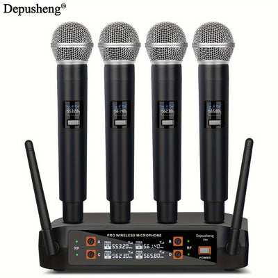 Sistema de micrófono inalámbrico DEPUSHENG, kit de micrófono portátil de 4 canales, con recepción de doble canal, control de volumen, patrón polar unidireccional, conector de 6,35 mm, enchufe estadounidense, fuente de alimentación 110-130V, para escenari