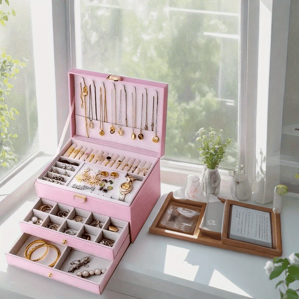 Caja organizadora de joyas de estilo vintage con cierre de seguridad, diseño multi-capas anti-entrelazado para collares, pendientes, pulseras - Impermeable, resistente a manchas, piel sintética de imitación con interior de tela - Regalo perfecto para cum