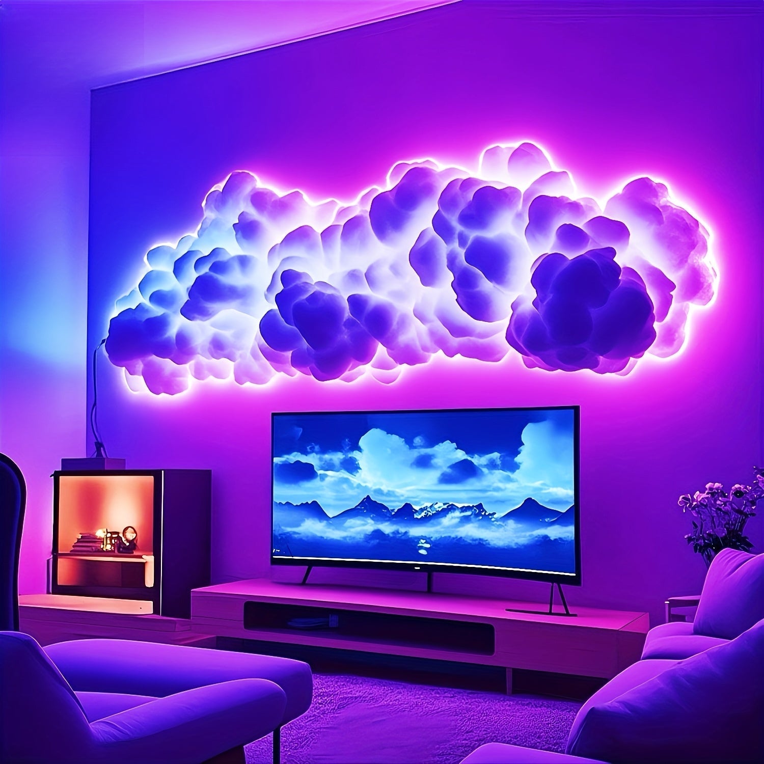 1 Juego de 200,0 pulgadas (79,9 plg) Kit de luces 3D de nubes - Luces LED de tiras cambiantes de color, multicolores, ideales para hogares interiores, ambiente de dormitorio y sincronización de música, ambiente de dormitorio | Tema de nubes, iluminación