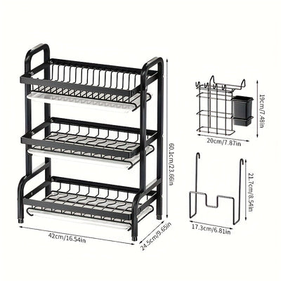 Estante de cocina de acero inoxidable de tres niveles con sistema de drenaje - Soporte de almacenamiento multifuncional para tazas y platos, diseño de gran capacidad que ahorra espacio adecuado para tazas, platos y tablas de cortar.