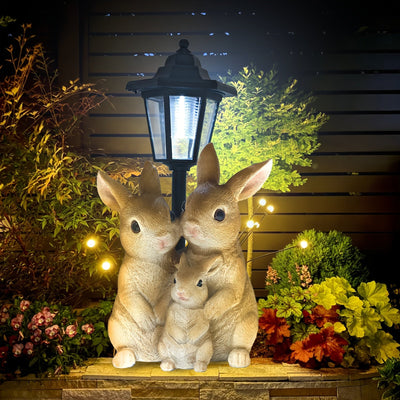Figurita de conejo familiar de resina con energía solar y linterna hexagonal - Decoración encantadora para interiores y exteriores, ideal para regalos de Día de la Madre, accesorio para jardín de hadas | Linterna solar | Luz hexagonal