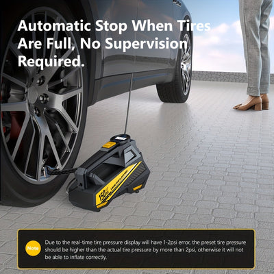 Inflador de neumáticos digital CaRSun, compresor de aire portátil con luz LED para coches, motocicletas, bicicletas - DC 12V, 150 PSI, diseño negro y amarillo, alimentación por enchufe, no requiere batería, inflador de neumáticos para bicicletas | Diseño