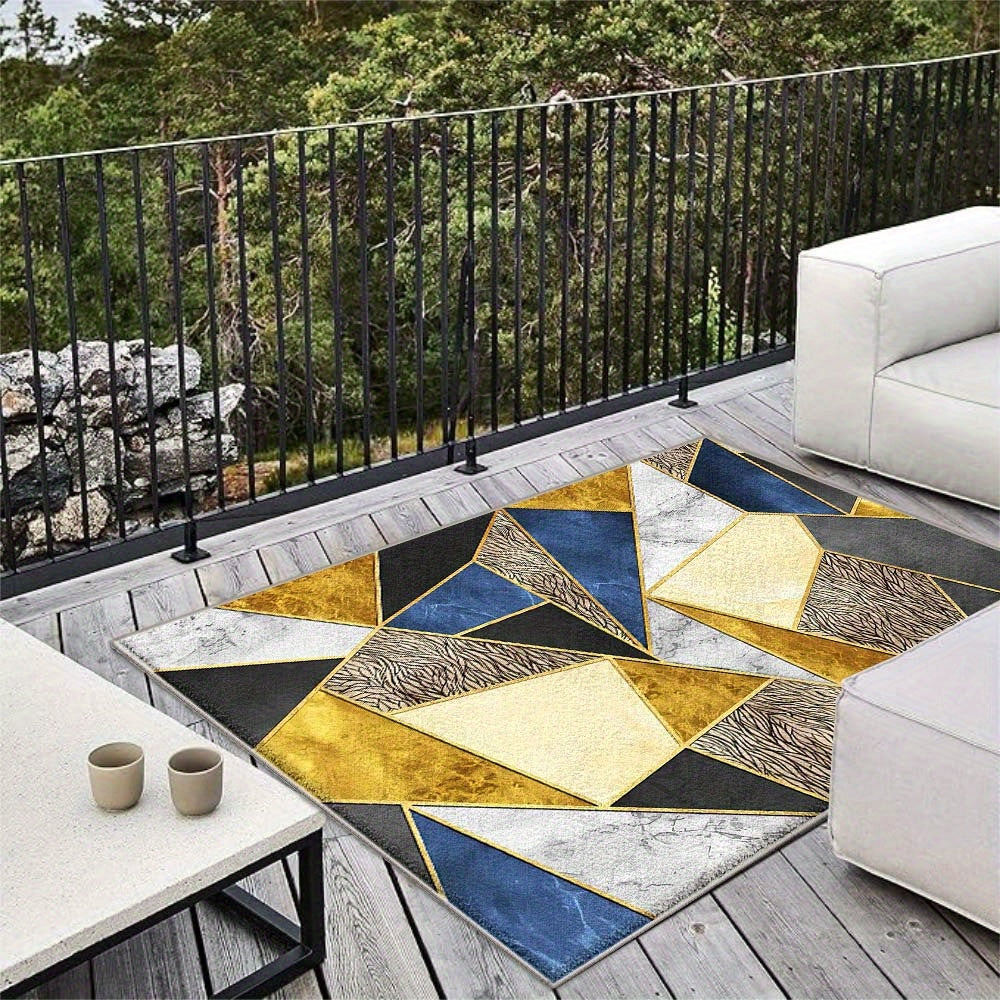Alfombra de Lujo SevenDeer para Interior/Exterior - Base Antideslizante 852gsm, Diseño Minimalista Moderno en Azul Marino/Beige/Dorado//Gris - Alfombrilla Grande para Patio, Sala, RV o Terraza - Lavable a Máquina en Poliéster