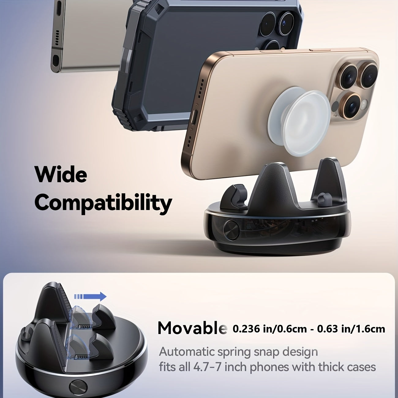 Soporte de teléfono para coche, [rotatorio 360° y ajustable verticalmente 30°] Soporte de teléfono móvil para coche, [diseño de resorte ajustable] Soporte de teléfono de navegación para tablero de instrumentos, con silicona antideslizante, adecuado para