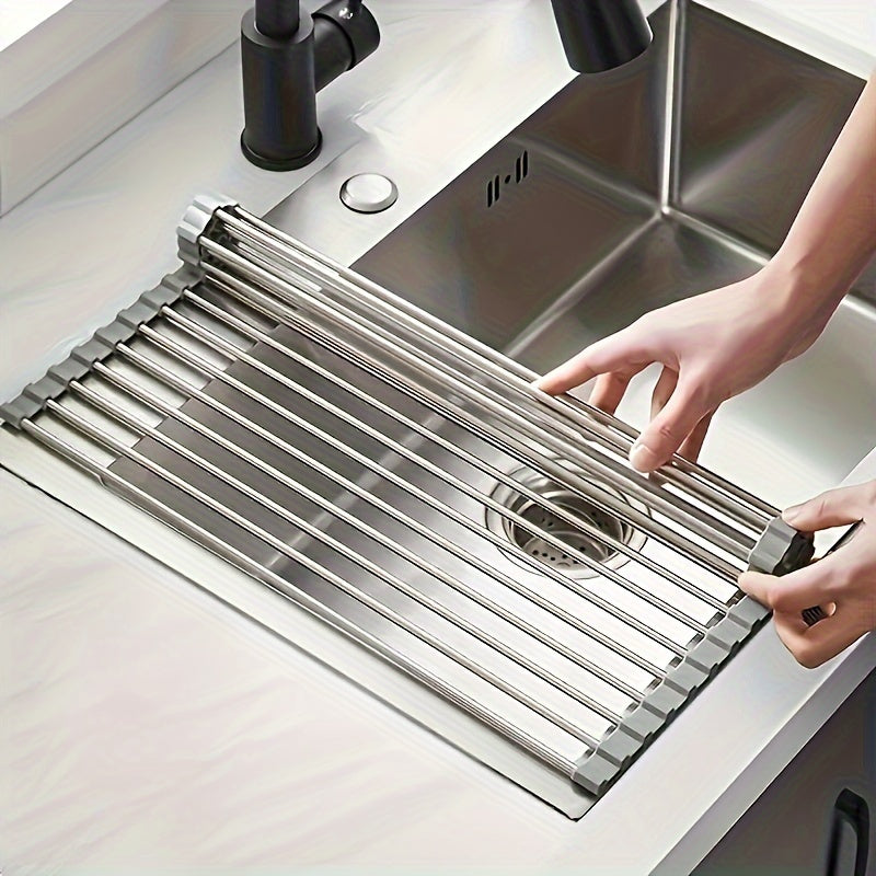 1 pieza, estante de secado de platos de acero inoxidable enrollable - sobre el fregadero, estante de drenaje multifuncional con ranuras de circulación de aire, diseño portátil y ahorrador de espacio para fregadero de cocina, secado eficiente y organizaci
