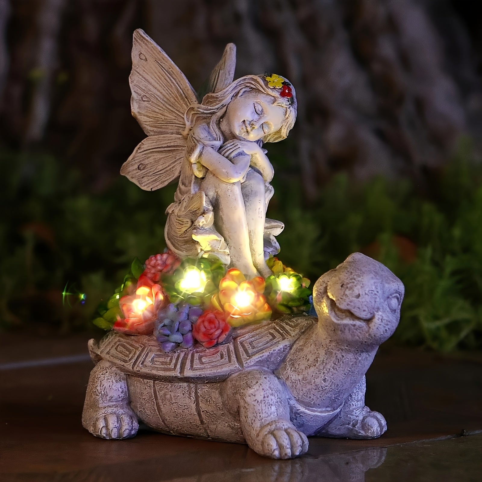 1pc Estatua de Jardín LED con Energía Solar - Ángel y Tortuga Decoración Exterior con Flores Coloridas, Diseño Duradero en Resina Resistente al Clima para Patio, Césped - Regalo Perfecto para Fiestas (Navidad, Halloween, Día de San Valentín), Adorno de J