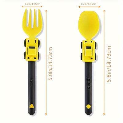 1 Pieza, Juego De Utensilios Para Niños Con Tenedor Y Cuchara, Tema De Vehículos De Ingeniería, Material PP, Diseño Antibacteriano Portátil, Agarre Suave, Apto Para Lavavajillas, Viene Con Caja De Almacenamiento, Ideal Para Uso En Casa Y Viajes