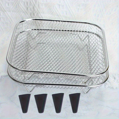 Juego de 6 Accesorios para Freidora de Aire de Acero Inoxidable: Rejilla Apilable, Base Elevadora - Compatible con Horno, Olla a Presión y la Mayoría de Freidoras. Rejilla Multifuncional Duradera y Segura con Diseño de Drenaje, Ideal para Papas Fritas, A
