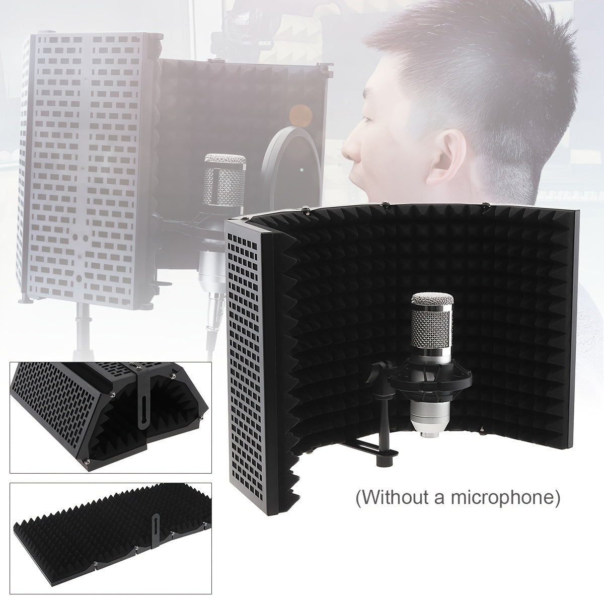 Filtro antipop de espuma de alta densidad para micrófono de metal de 5 paneles ePathChina, plegable, compatible con roscas de 3/8" y 5/8", negro, para estudio de grabación y transmisión en vivo