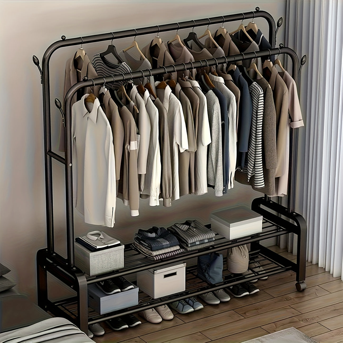 Organizador de Ropa con Ruedas - Estantería Doble para Secado y Almacenamiento de Zapatos, Soporte Plástico Resistente para Dormitorio o Armario, Solución Multifuncional Ahorradora de Espacio, Diseño Eficiente con Barras Dobles