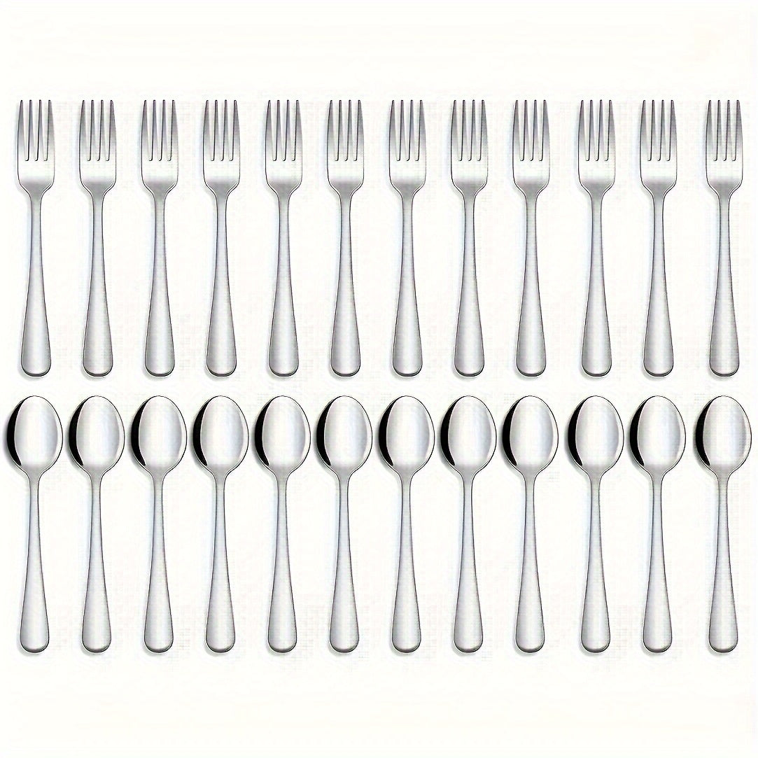 Juego de Cubiertos de Acero Inoxidable para Comida Grado Alimenticio, Juego de Tenedores y Cucharas de 12/24 Piezas, Apto para Lavavajillas