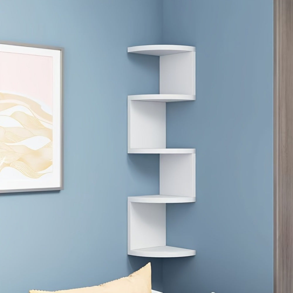 Estante de pared de esquina de 5 niveles, madera compuesta duradera, diseño que ahorra espacio, montaje de pared sin taladro, ideal para uso doméstico y de retail, estantes para pared, exhibición de retail, unidad de estantería de madera, clasificación d