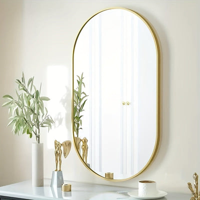 Espejo ovalado para baño de 60x40 cm, montado en la pared, marco de aluminio espacial, acabado cepillado, sin electricidad, espejo decorativo elegante para ducha y maquillaje, fácil instalación en superficies de vidrio - dorado/negro