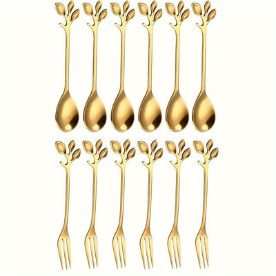 Juego de 12 cucharas doradas de acero inoxidable para café y postres, con decoración de hojas, superficie pulida y aptas para lavavajillas