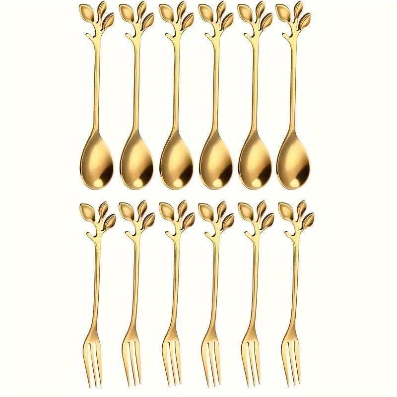 Juego de 12 cucharas doradas de acero inoxidable para café y postres, con decoración de hojas, superficie pulida y aptas para lavavajillas