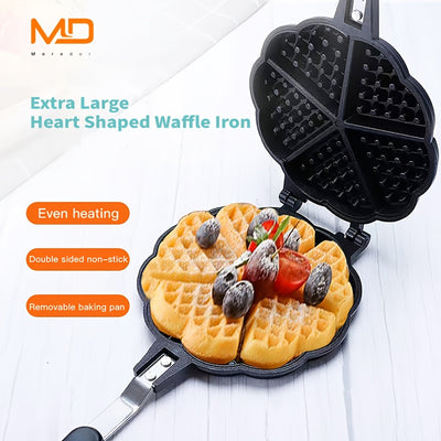 MOREDOR 1 Pieza Sartén de Gofres Doble Cara en Forma de Corazón de 6 Pulgadas - Antiadherente, Hierro Removible con Calentamiento Uniforme y Mango Largo para Waffles Belga, Panqueques y Sandwiches - Compatible con Estufas de Gas, Utensilio de Cocina Dura
